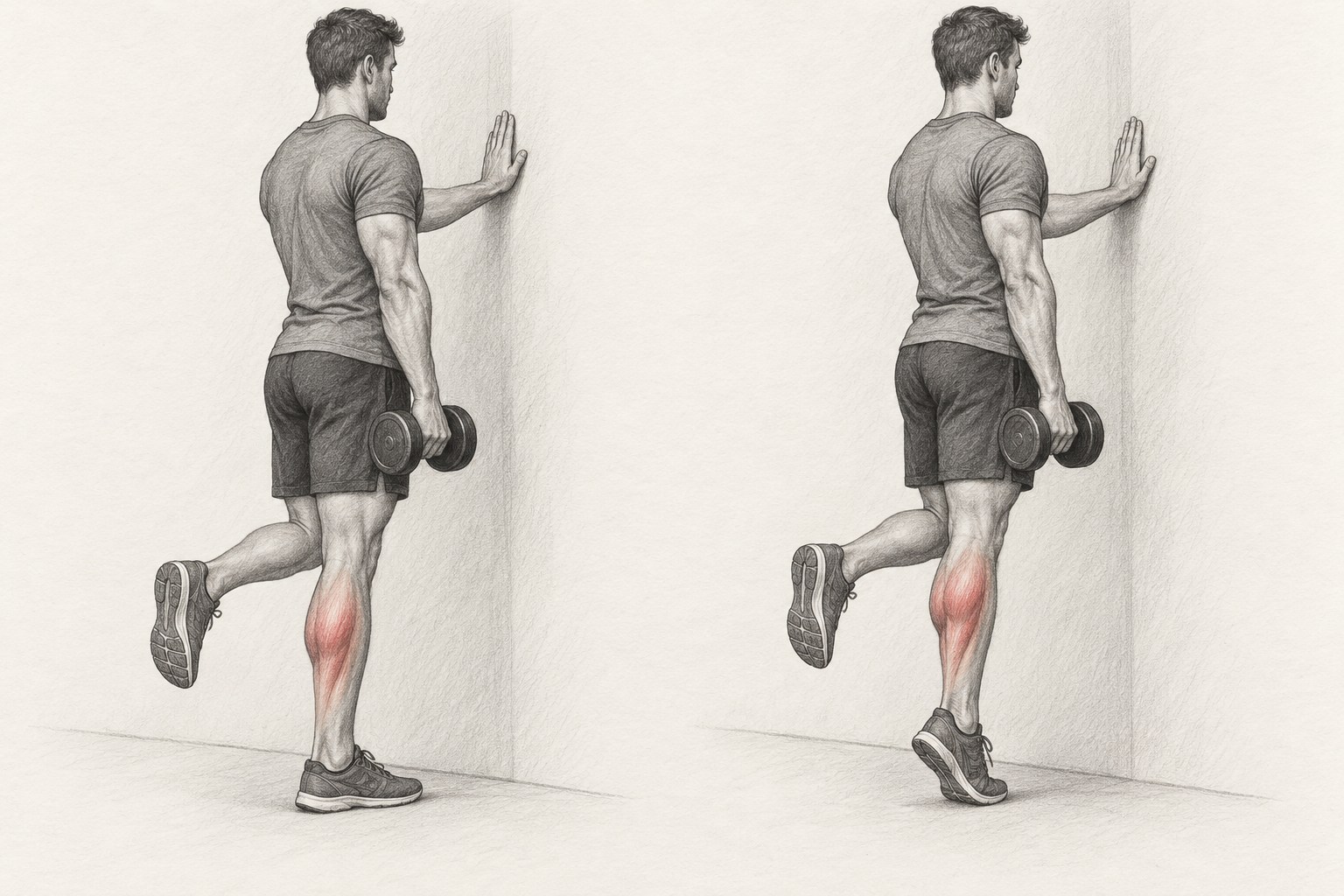 Variante debout sur une jambe : l&rsquo;appui de la main stabilise le corps, la cheville produit le mouvement.