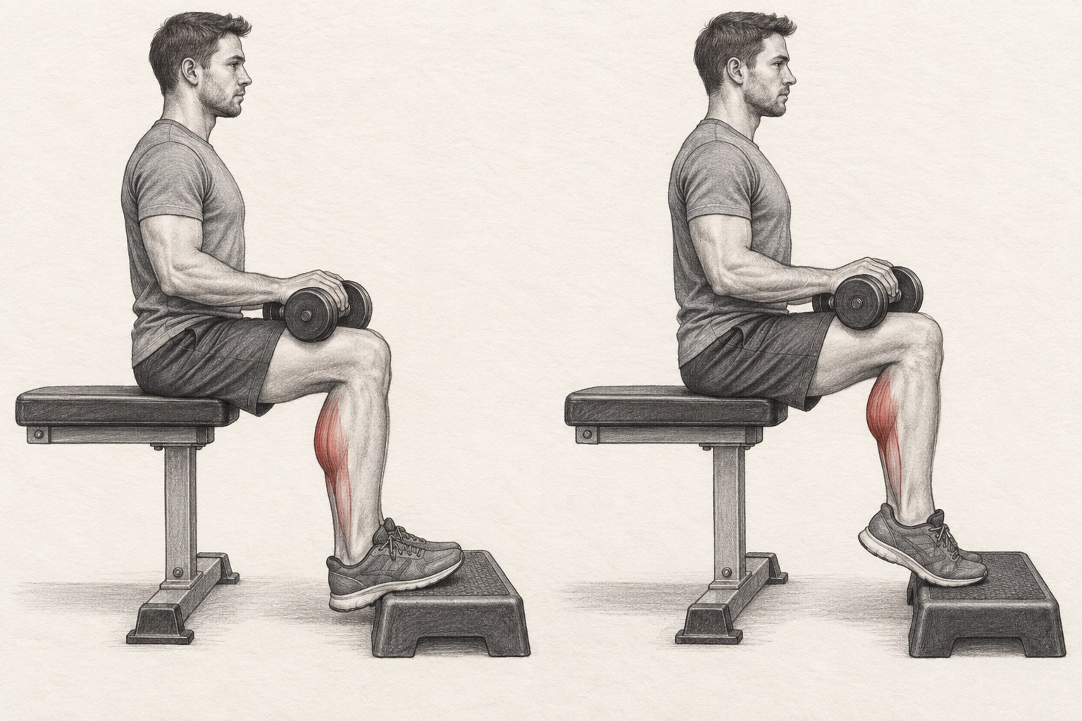 Variante assise avec halt&egrave;res : genoux fl&eacute;chis, charge maintenue sur les cuisses, talons mobiles.